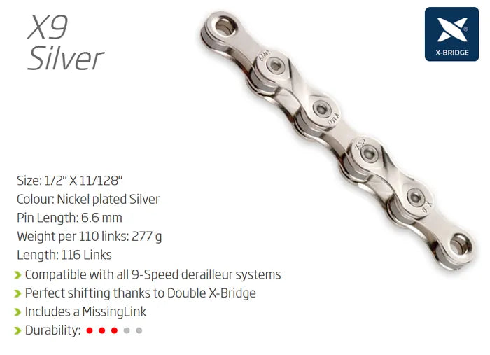 KMC CHAIN - 9 Speed - X9 - 116L - SILVER - w/Connect Link