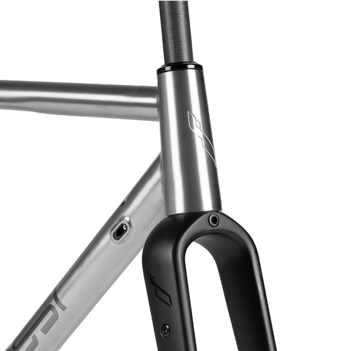 Sharp closeup view of the silver handle bass of the frameset of 2023 BOSSI